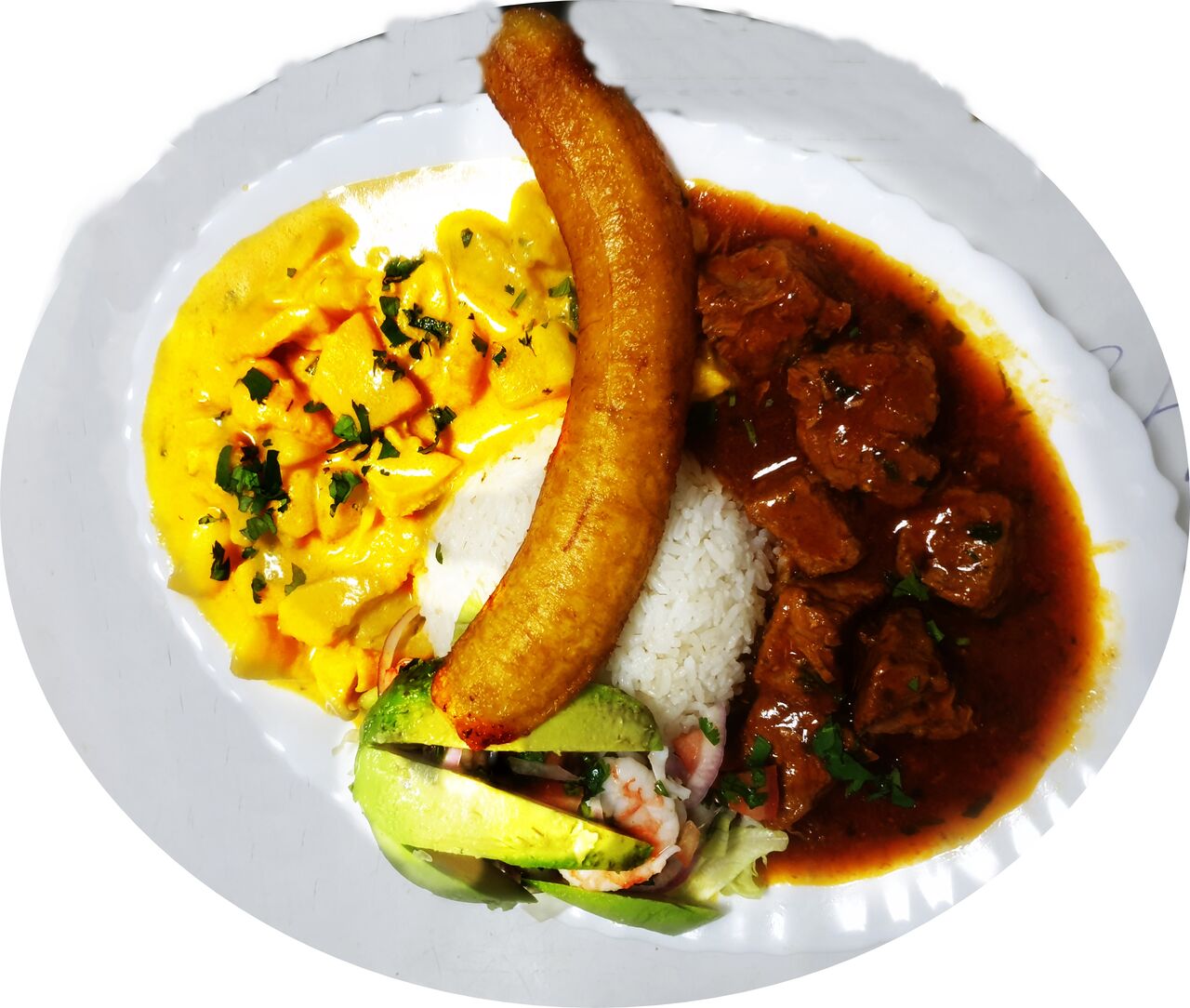 BANDERA :arroz, seco de carne, guatita ( callos) ,ceviche ,maduro frito, aguacate 