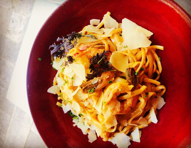 Linguines de Gambas, chorizo, parmesan