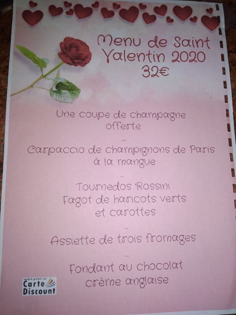Menu de la St. Valentin, sur réservation au 04.75.51.38.85 ou au 06.16.30.15.42.