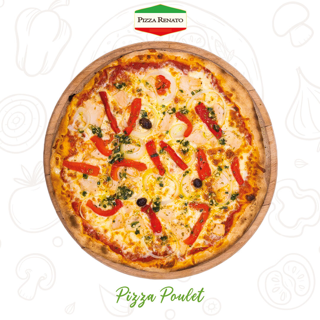 Tomate, fromage, poulet, poivrons, oignons, olives, origan et persillade.33 cm.