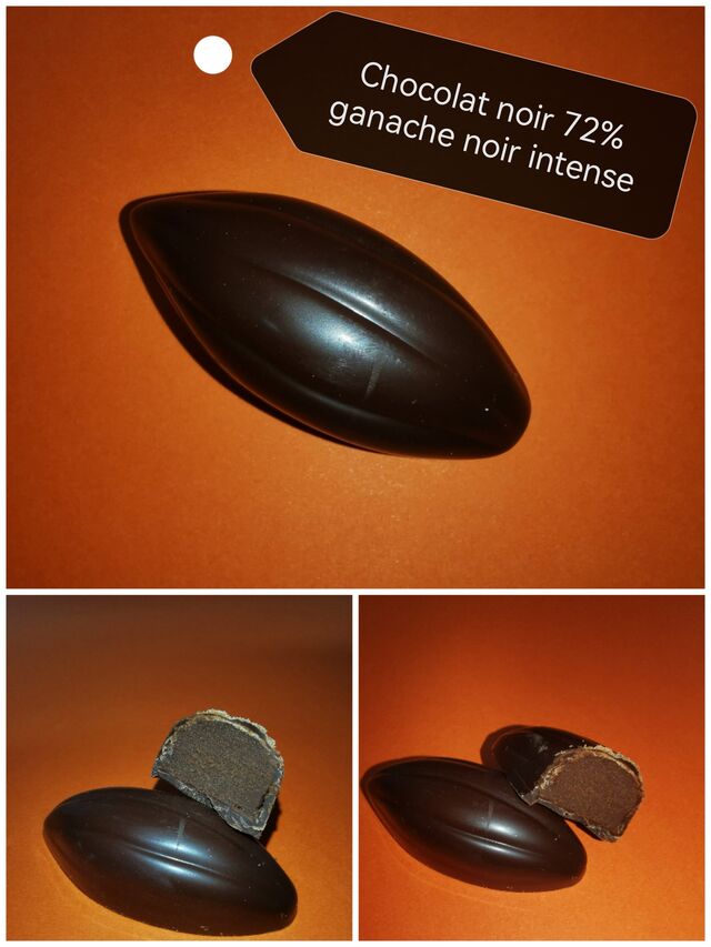 Bonbon chocolat noir avec intérieur ganache noir 72% 6.10€ les 70g