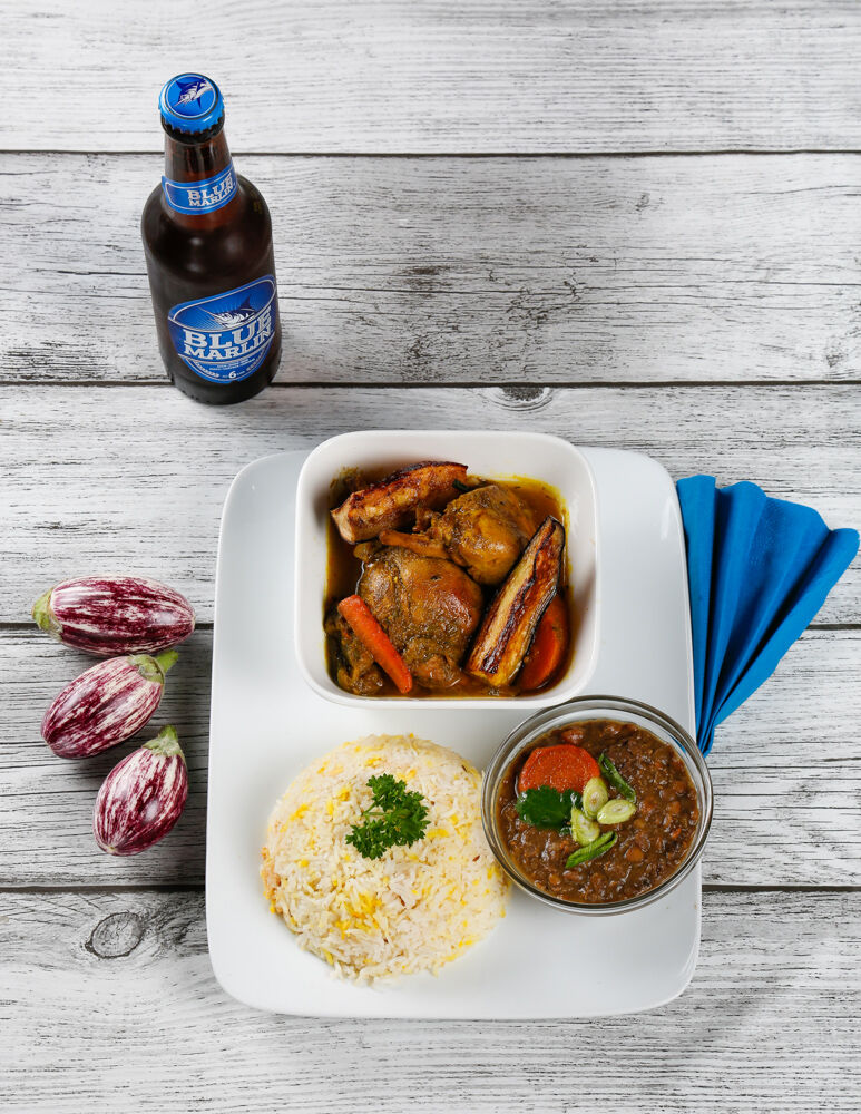 poulet colombo; riz blanc, lentille