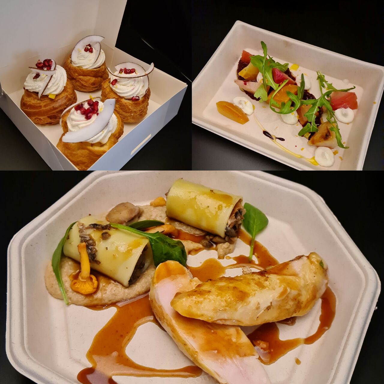 CONFINEMENT,MENU A EMPORTER 26€
-Déclinaison de betteraves et chèvre
-Supreme de volaille
-Choux aux fruits exotique