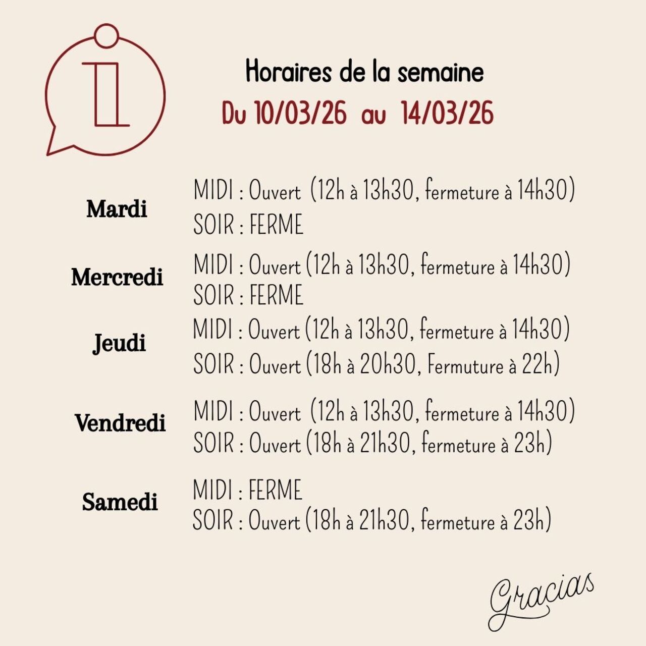 HORAIRES RESTAURANT