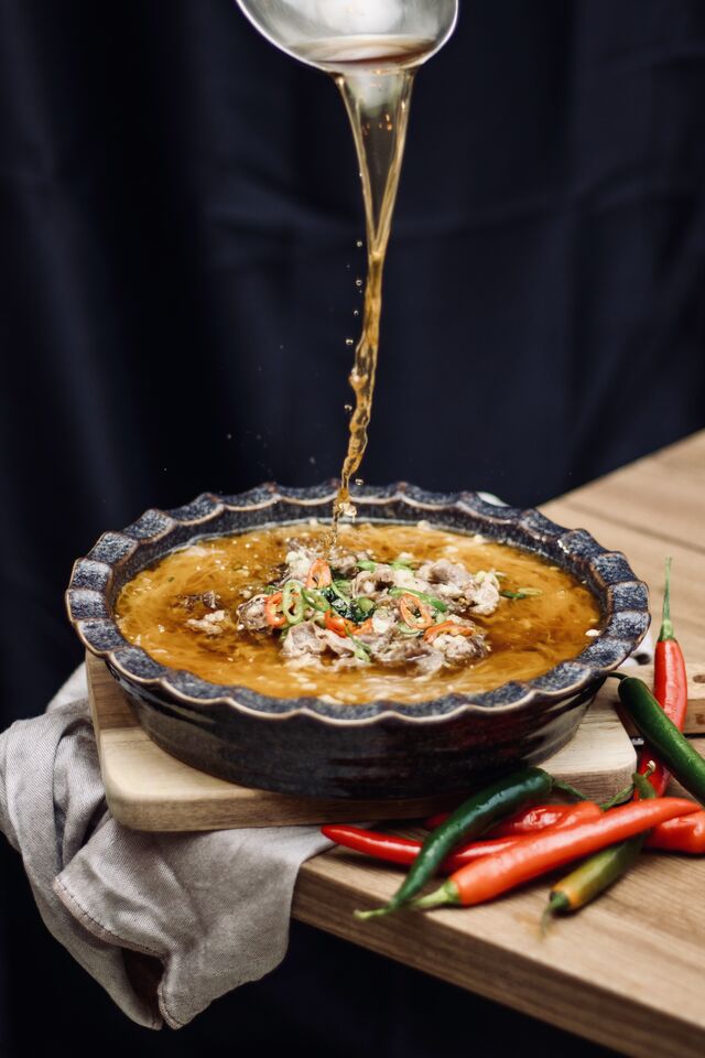 Sour Spicy golden Beef with enoki and vermicelli