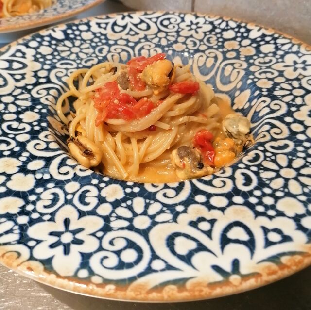 Spaghetto con Pesto di Agrumi, Cozze e Capperi