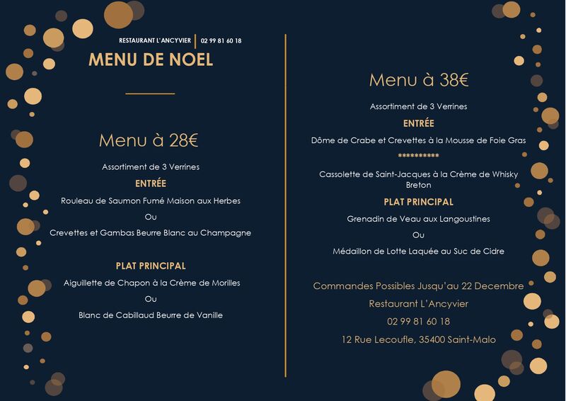 Menus de Noël 2021 (Commandes Possibles Jusqu'au 22 Décembre)