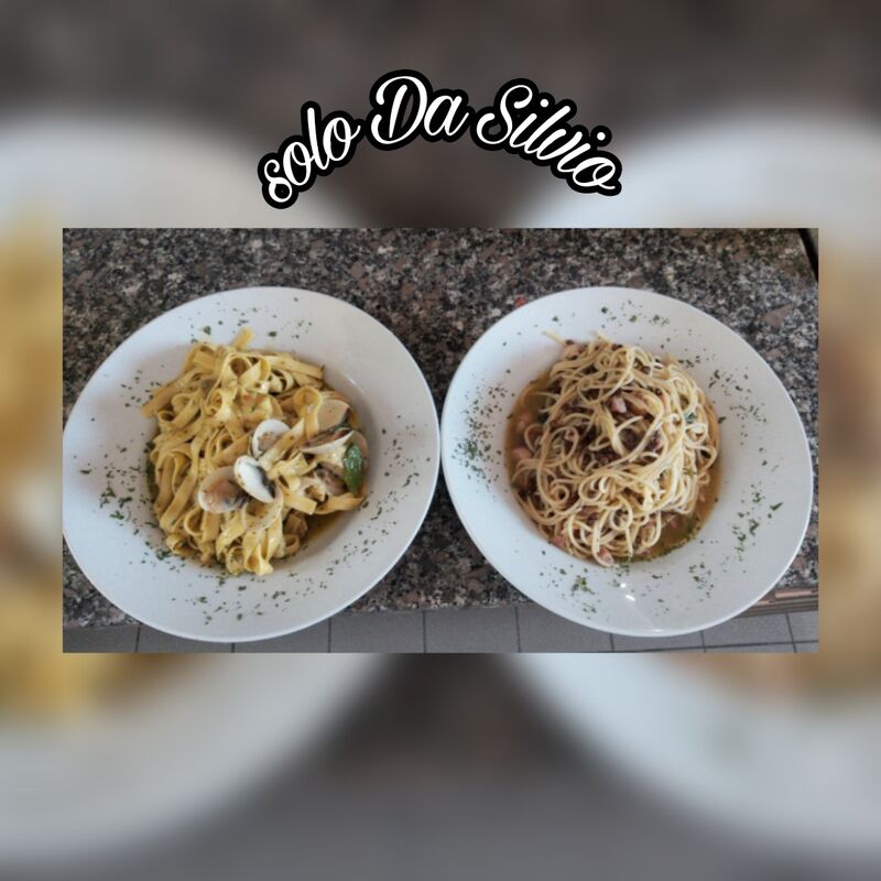 Tagliatelle con Luciopergo vongole in salsa di pesto
&
Spaghetti con polipo e lenticchie in salsa di lenticchie. ??