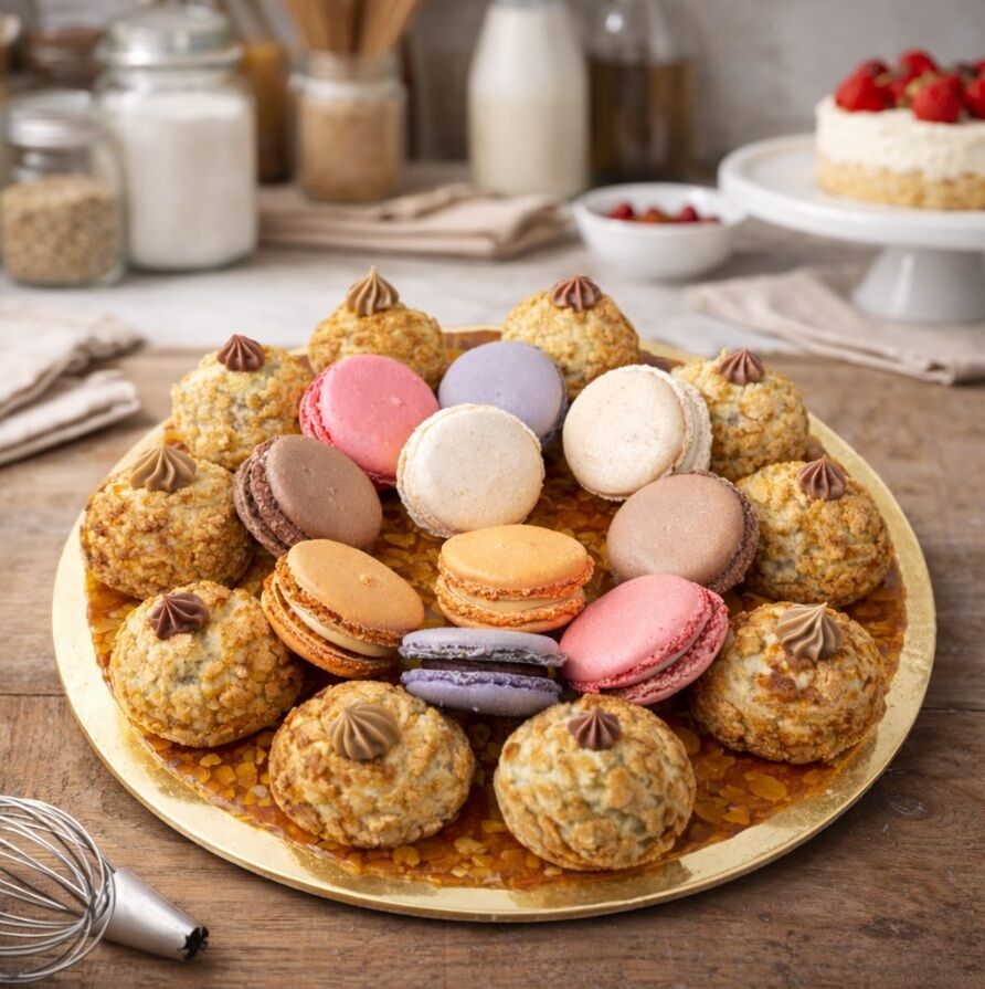 • CERCLE DE NOUGATINE ET SON ASSORTIMENT DE CHOUX ET MACARONS •