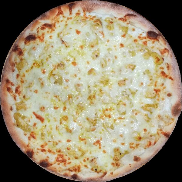 pizza exotique tomate poulet curry ananas pêche.