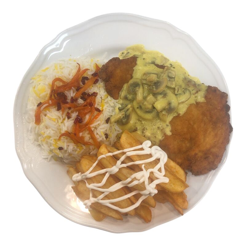 Basmati Reis mit Pommes Schnitzel