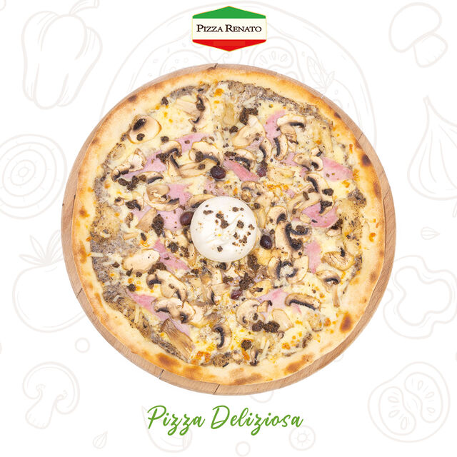 crème de truffe, fromage, burrata entière, jambon, champignons, brisures de truffe. 33cm