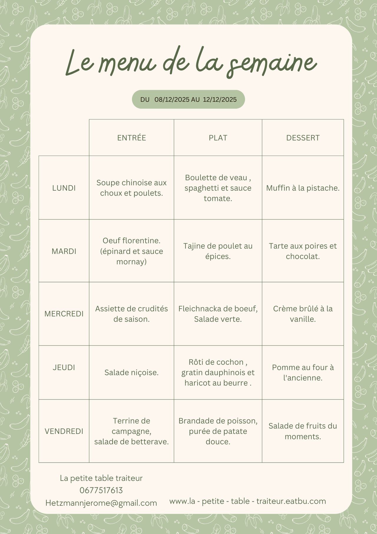 Menu du 08 au 12 décembre 2025.