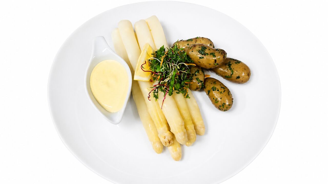 Portion frischer Stangenspargel, Sauce Hollandaise und Petersilienkartoffeln