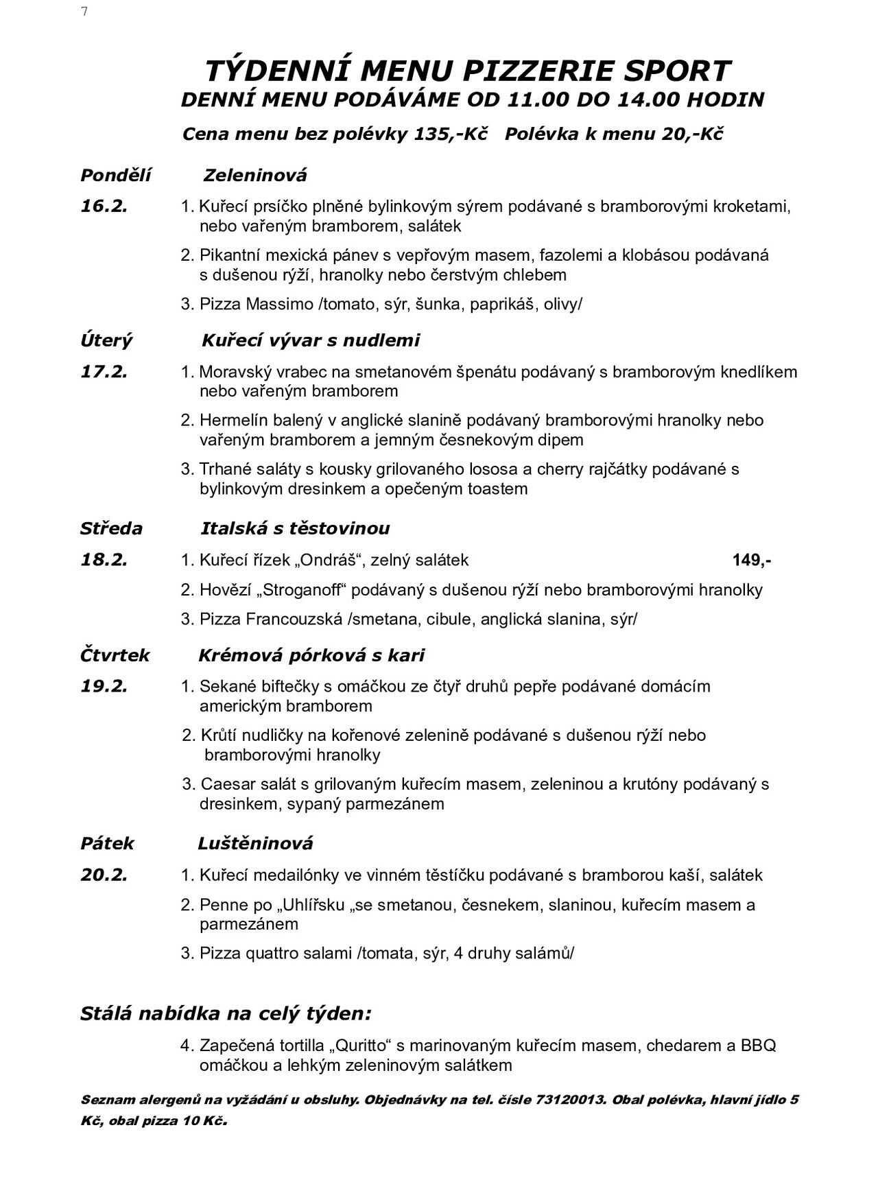 Týdenní menu 16.2.-20.2.2026