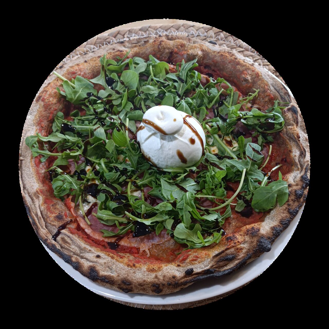 Juillet La Burrata - Base tomate, feuille basilic, mozza FDL, jambon blanc. Aps cuisson roquette, boule de burrata et balsamique