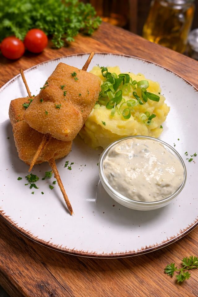 Chrumkavý syrový špíz so šunkou a zemiakmi s cibuľkou