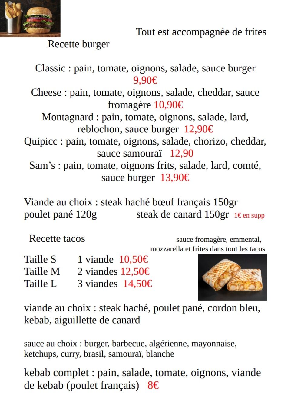 Carte burger / tacos / kebab