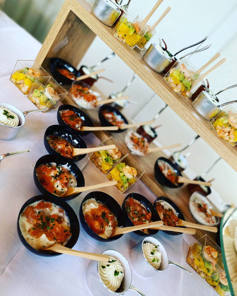 verrine saumon tzatziki, verrine tomate mousse de chèvre, verrine crevette mangue avocat