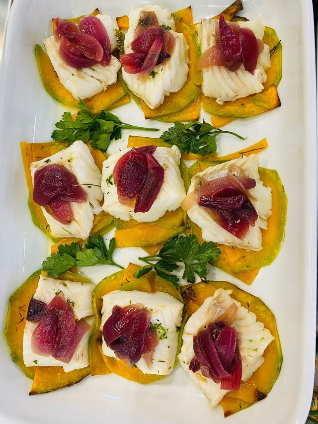 Filetto di merluzzo al forno con zucca e cipolla agrodolce
