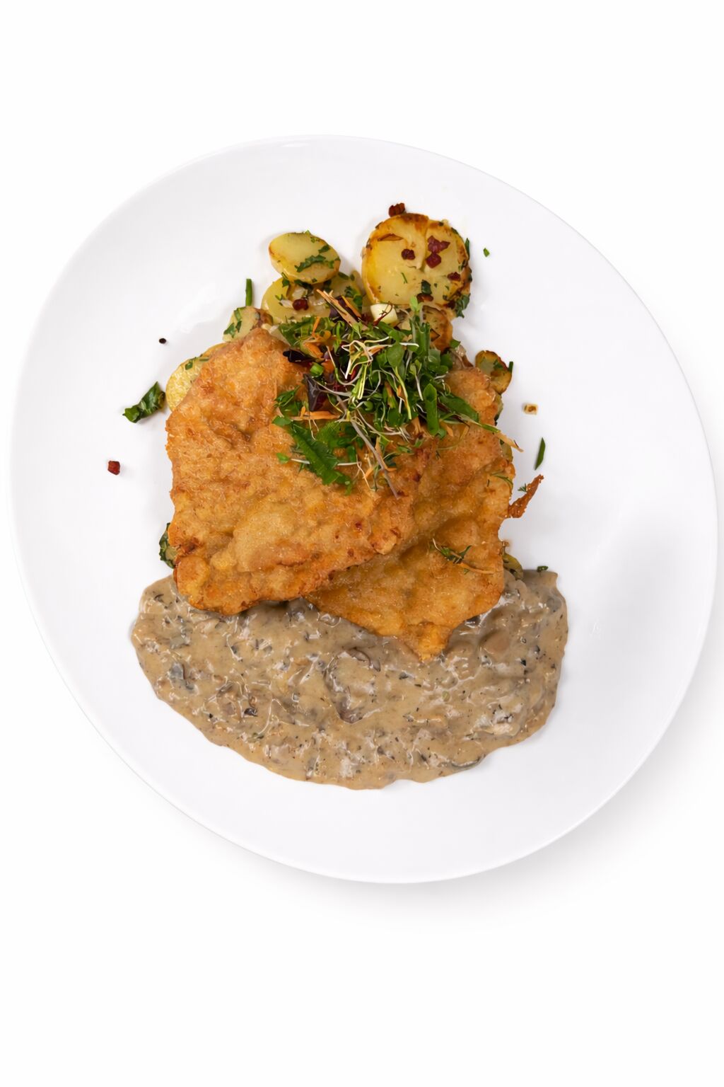 Schnitzel in Waldpilzrahm mit buntem Beilagensalat und Bratkartoffeln 