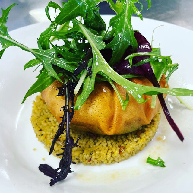 gourmandise de céréales/aumonière crevettes marinées