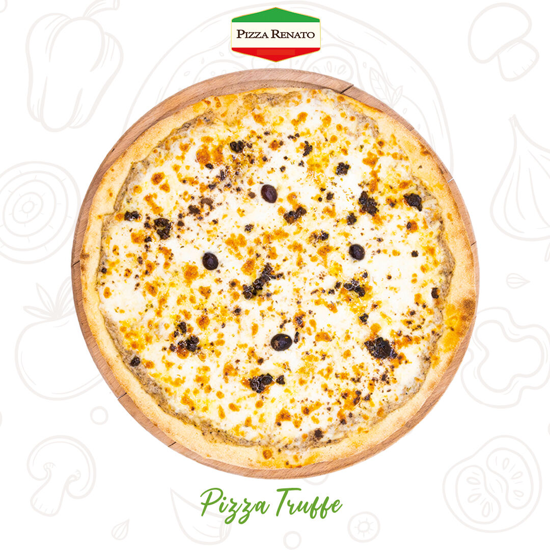 Crème fraiche, mozzarella, crème de truffe, brisures de truffe, huile de truffe.33 cm.