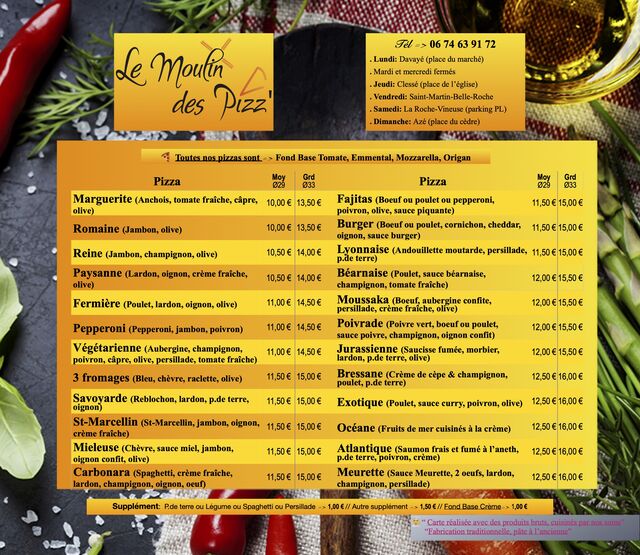 Carte des pizza et info