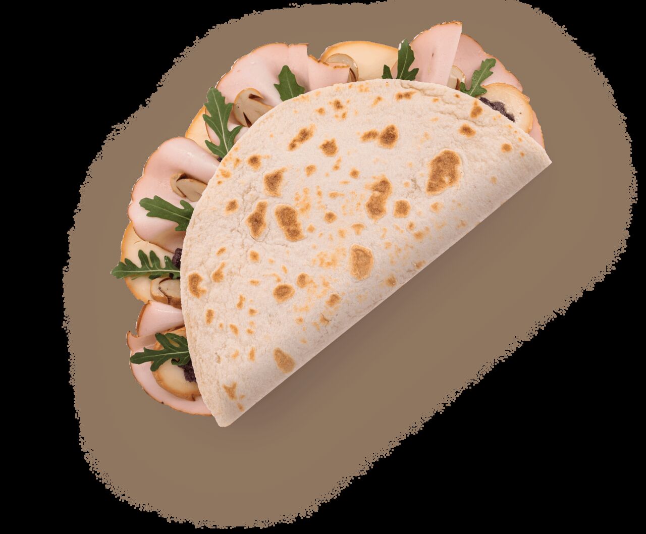 Geräucherter Provola, Pute, Rucola und Champignons