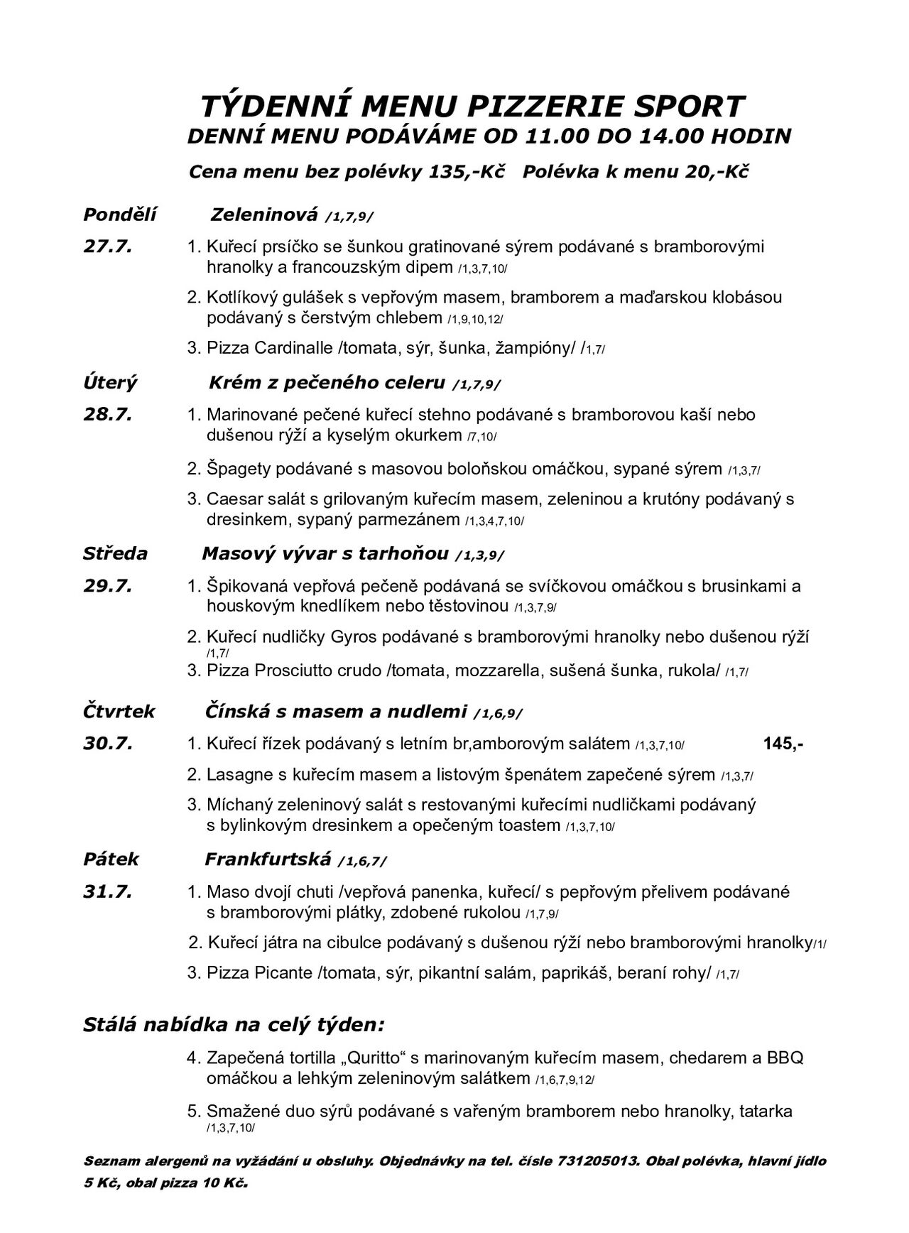 Týdenní menu od 27.7.2026-31.7.2026