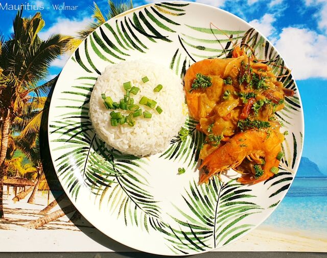 Grandes crevettes sauce coco ananas, riz basmati