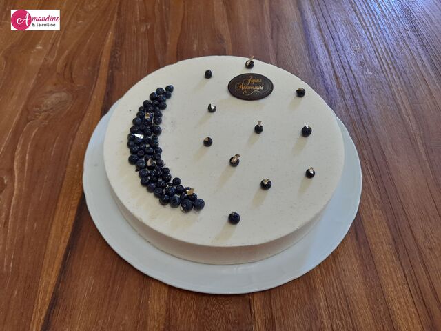 Entremet québécois (14 pers) : une recette que j'ai créée pour mon mari. Noix de Pécan, myrtilles, sirop d'érable, vanille
