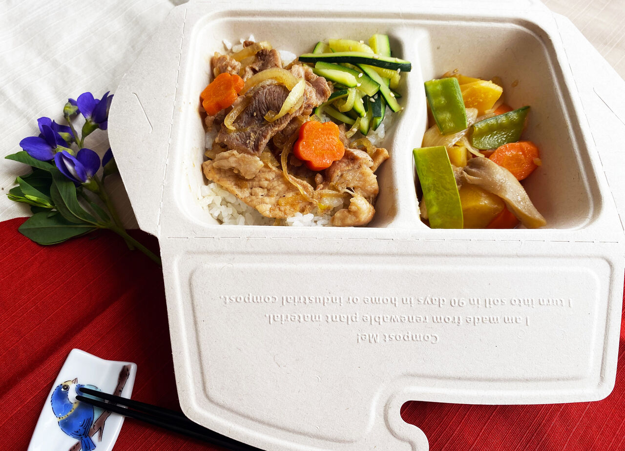 Obento: Shogayaki (porc sauté au gingembre avec oignons), Legumes mijotés, courgettes marinées au sesame.