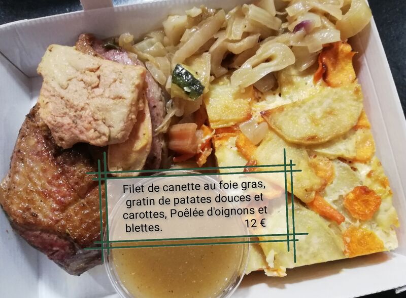 Plat du 29 juin 2021
Filet de canette au foie gras, gratin de patates douces et carottes, Poêlée d'oignons et blettes 