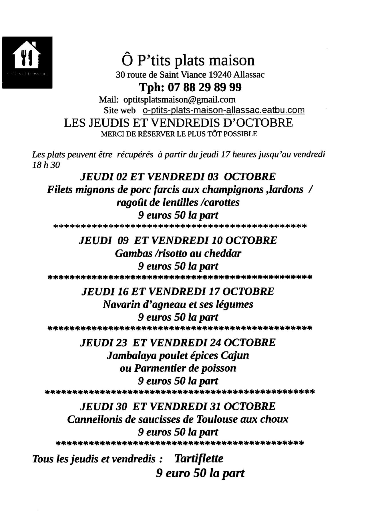 LES MENUS POUR OCTOBRE