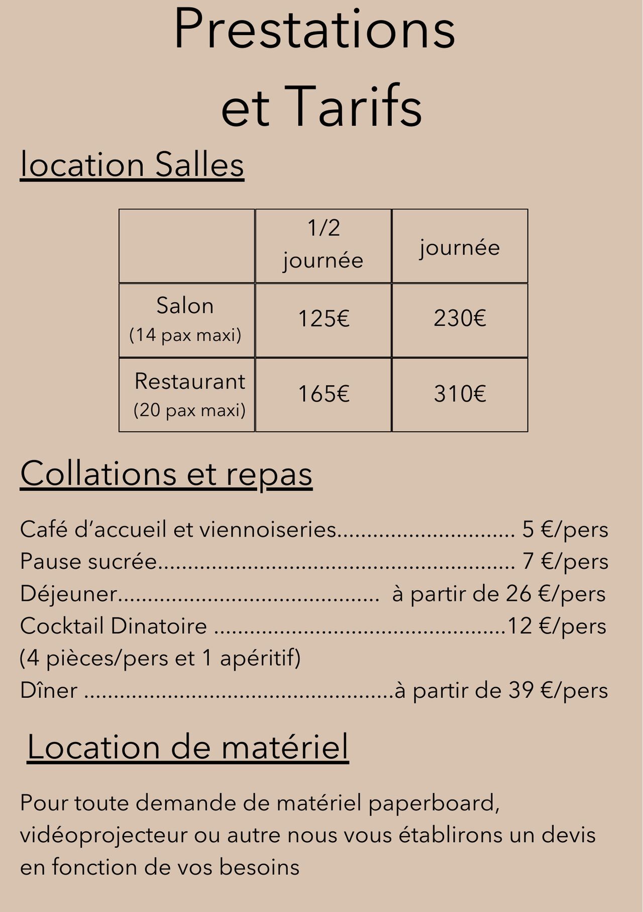 tarifs location de salle