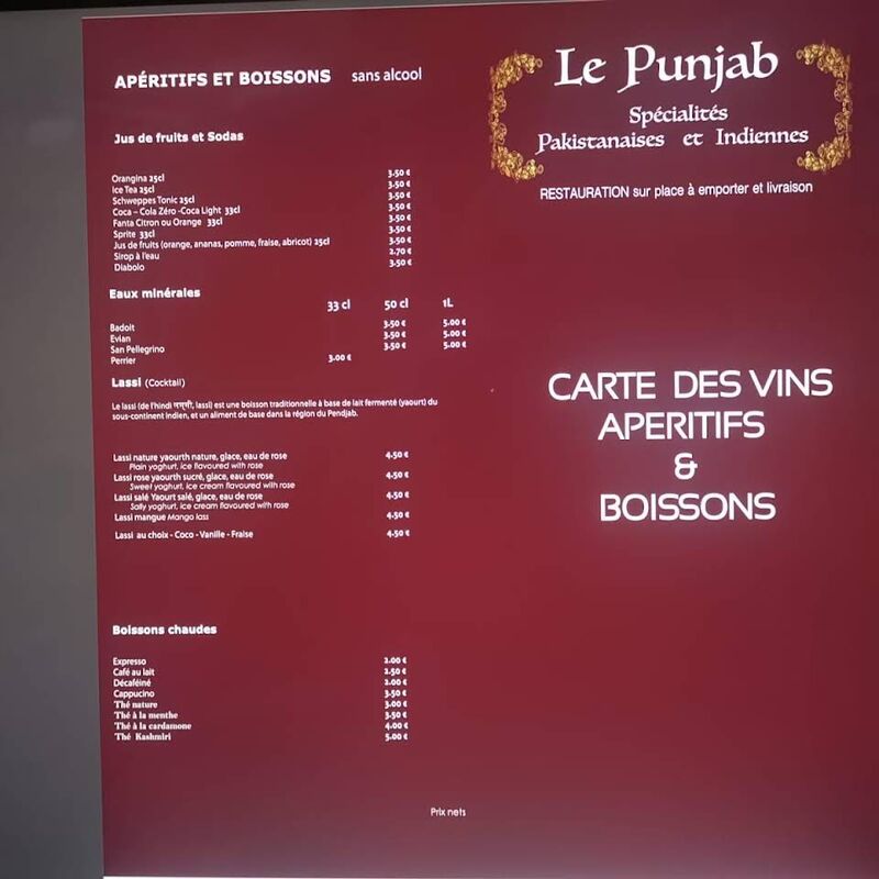 Restaurant le punjab Le Mans menu
