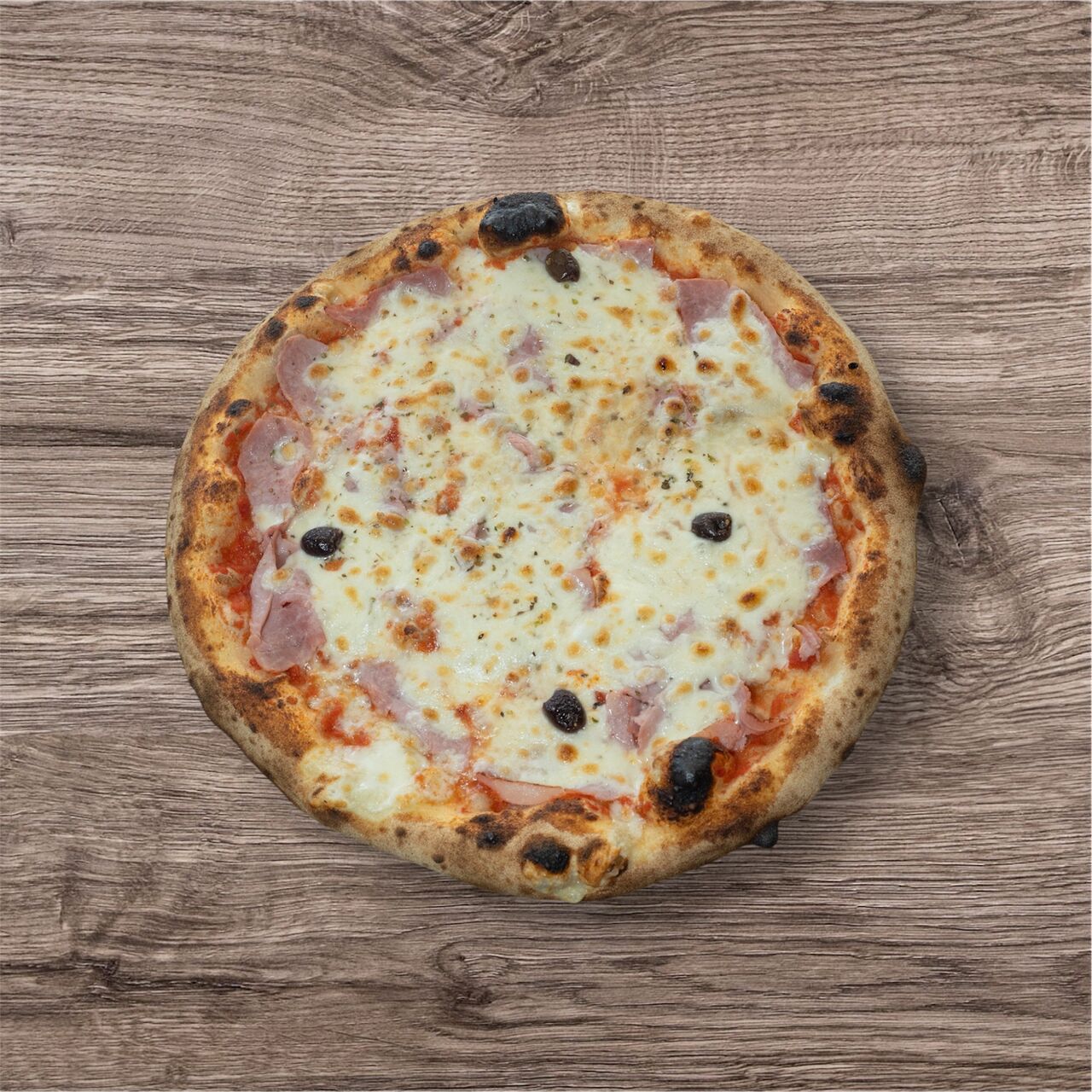 Jambon ▪ 12,50€ : sauce tomate bio, fior di latte, jambon, olives, origan