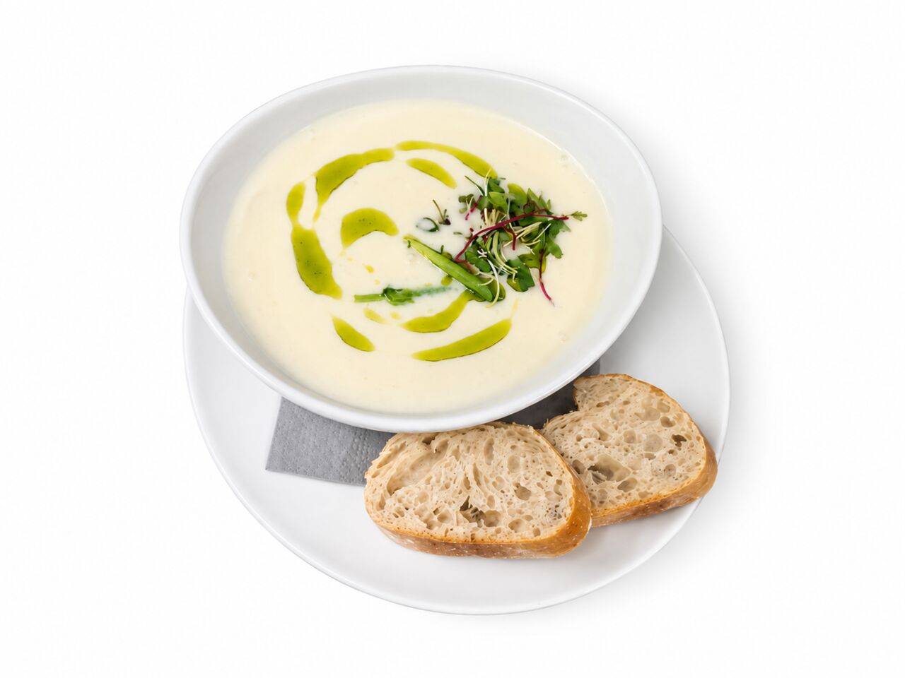 Spargelcremesuppe mit Bärlauchöl und Baguette