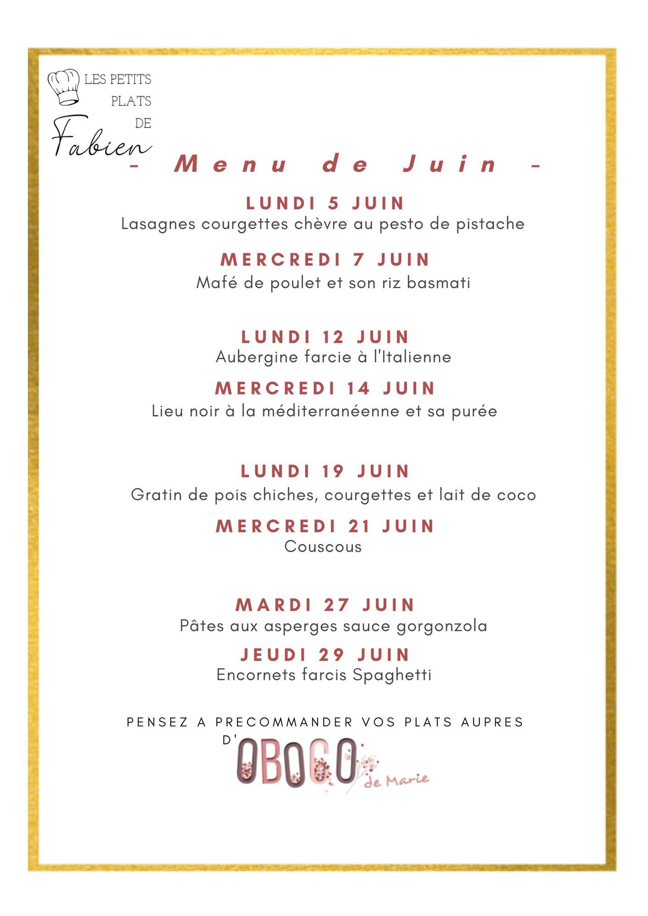 Menu de Juin