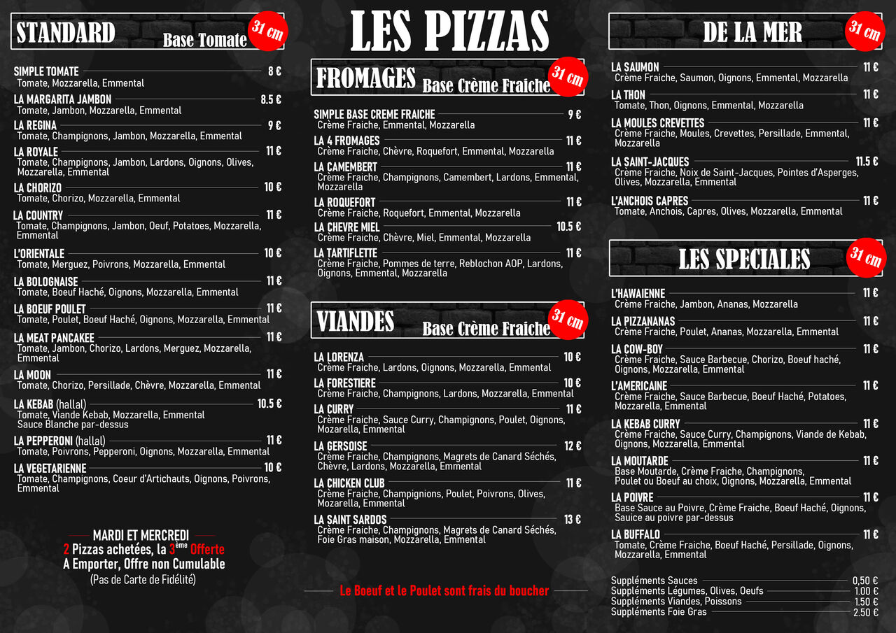 CARTES DES PIZZAS