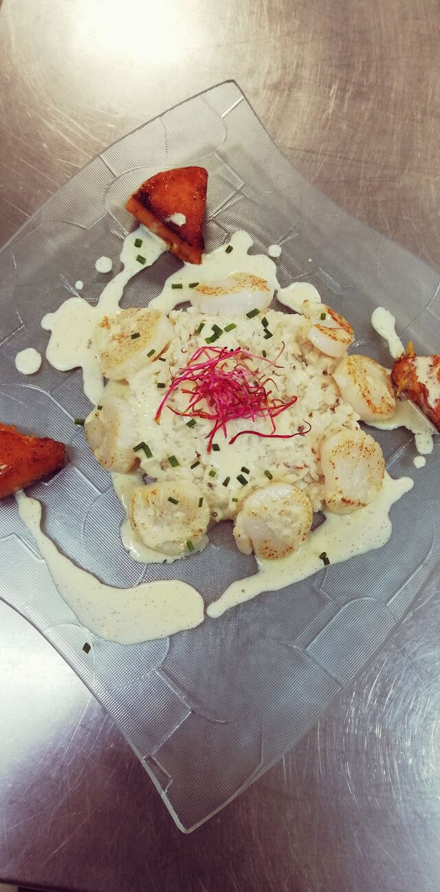 St Jacques, crémeux vanille, risotto noisettes et butternut rôtis