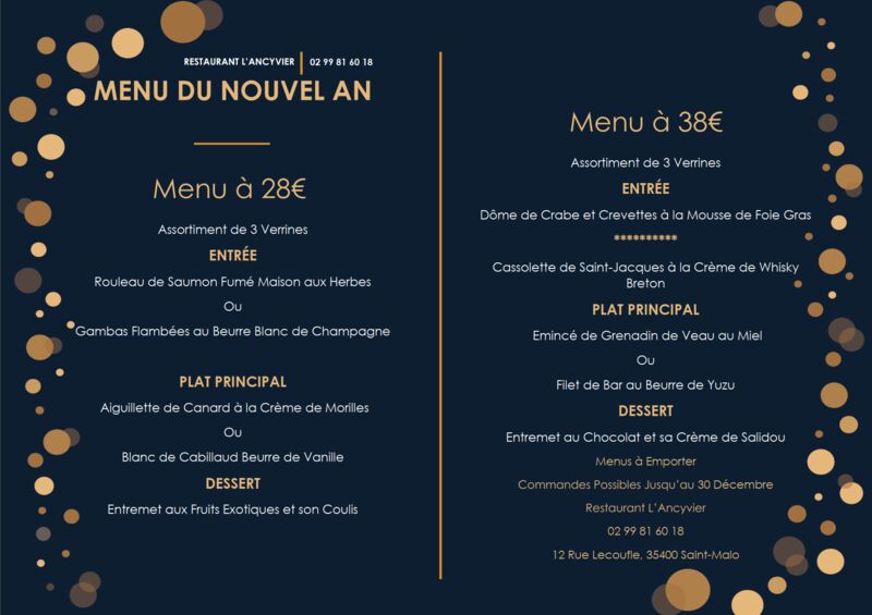 Menu du Nouvel An 2021 (Commandes Possibles Jusqu'au 30 Décembre)