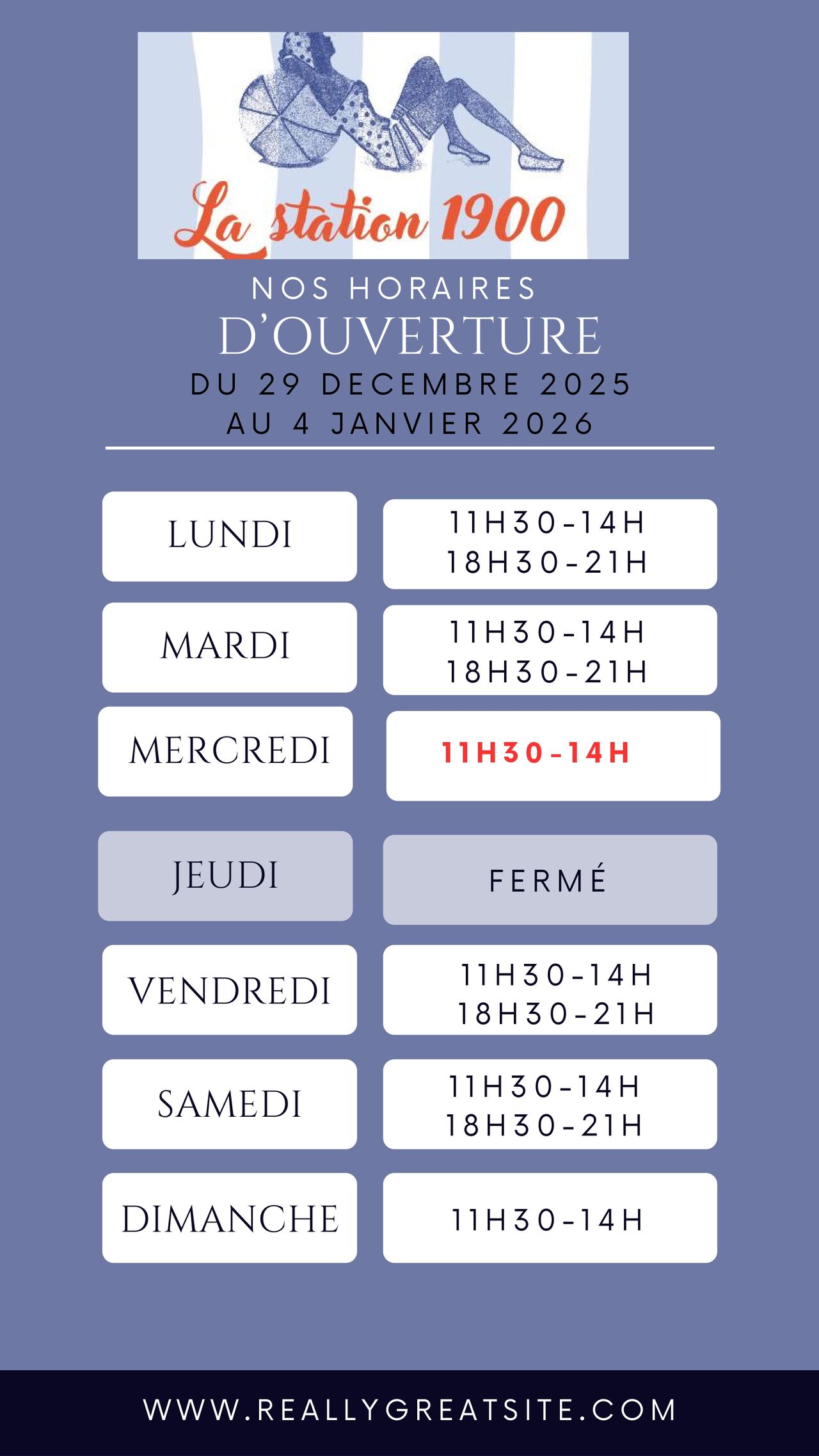 HORAIRES DU 29 DECEMBRE AU 4 JANVIER 2026