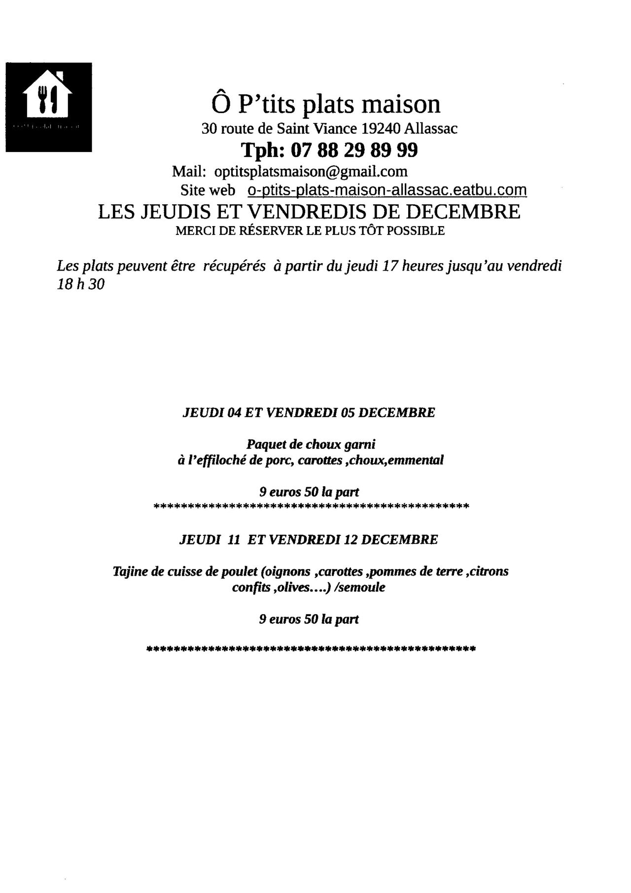 LES MENUS POUR DECEMBRE