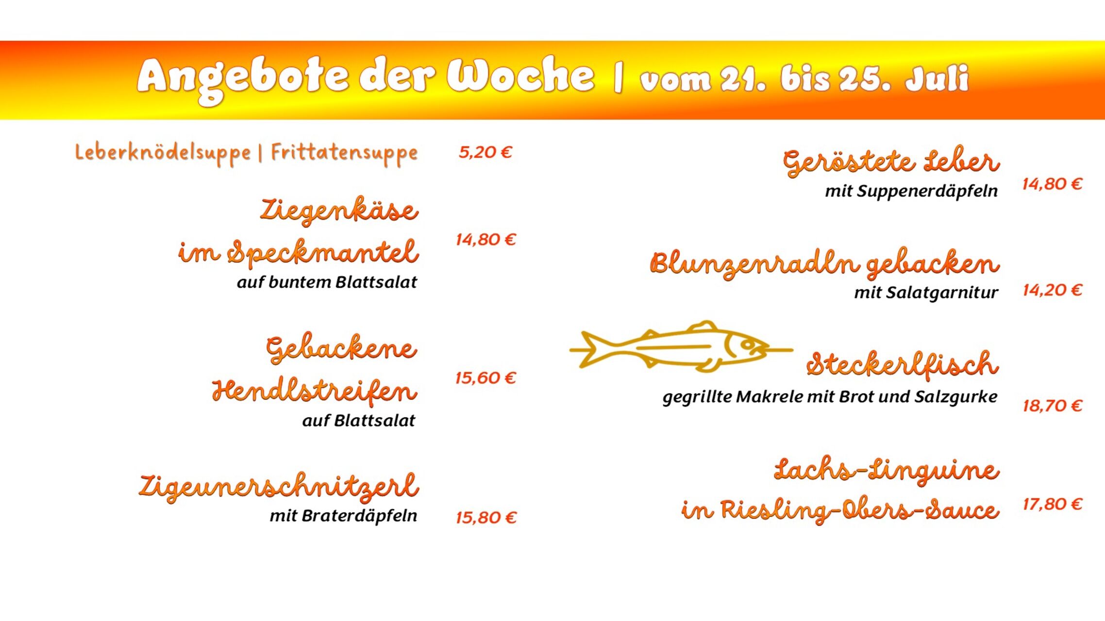 Zusätzliche Speisenangebote der Woche