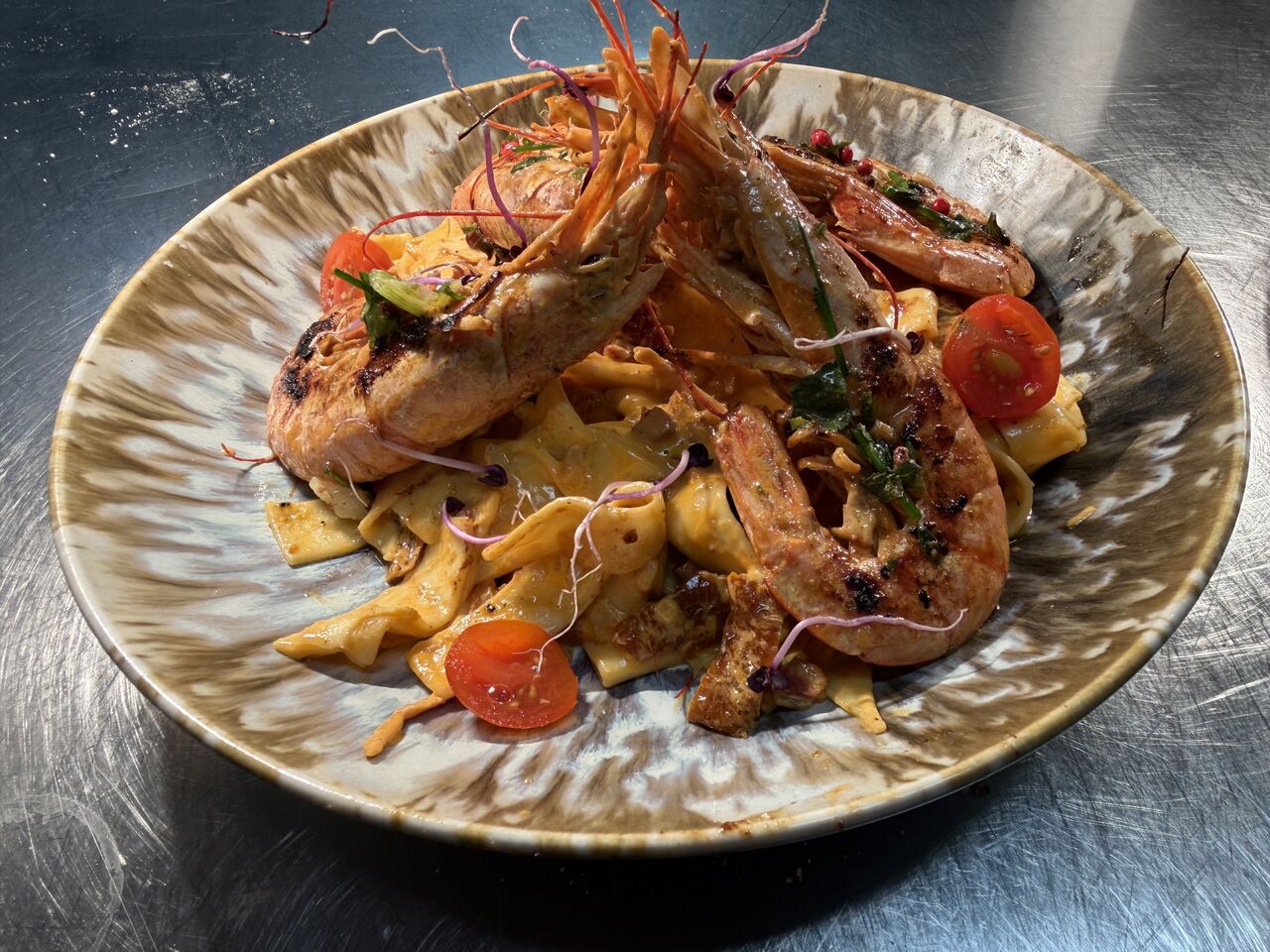 Tagliatelles aux Gambas crème de chorizo