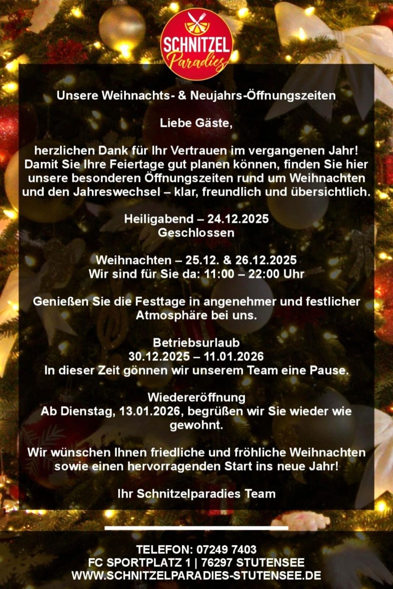 Öffnungszeiten über die Festtage