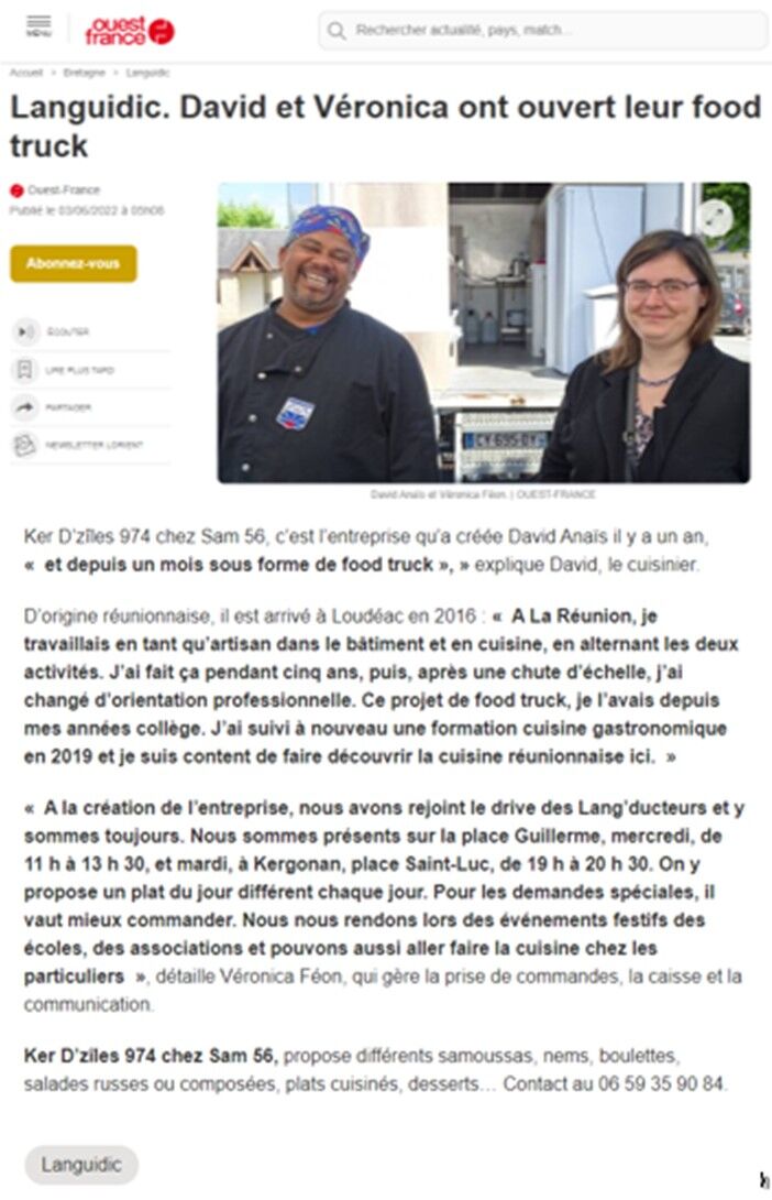ARTICLE OUEST FRANCE OUVERTURE FOOD TRUCK juin 2022