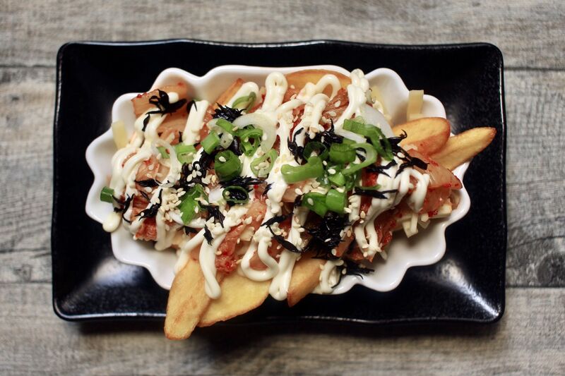Kimchi Fries - loaded fries with Kimchi, Cheese and Seaweed